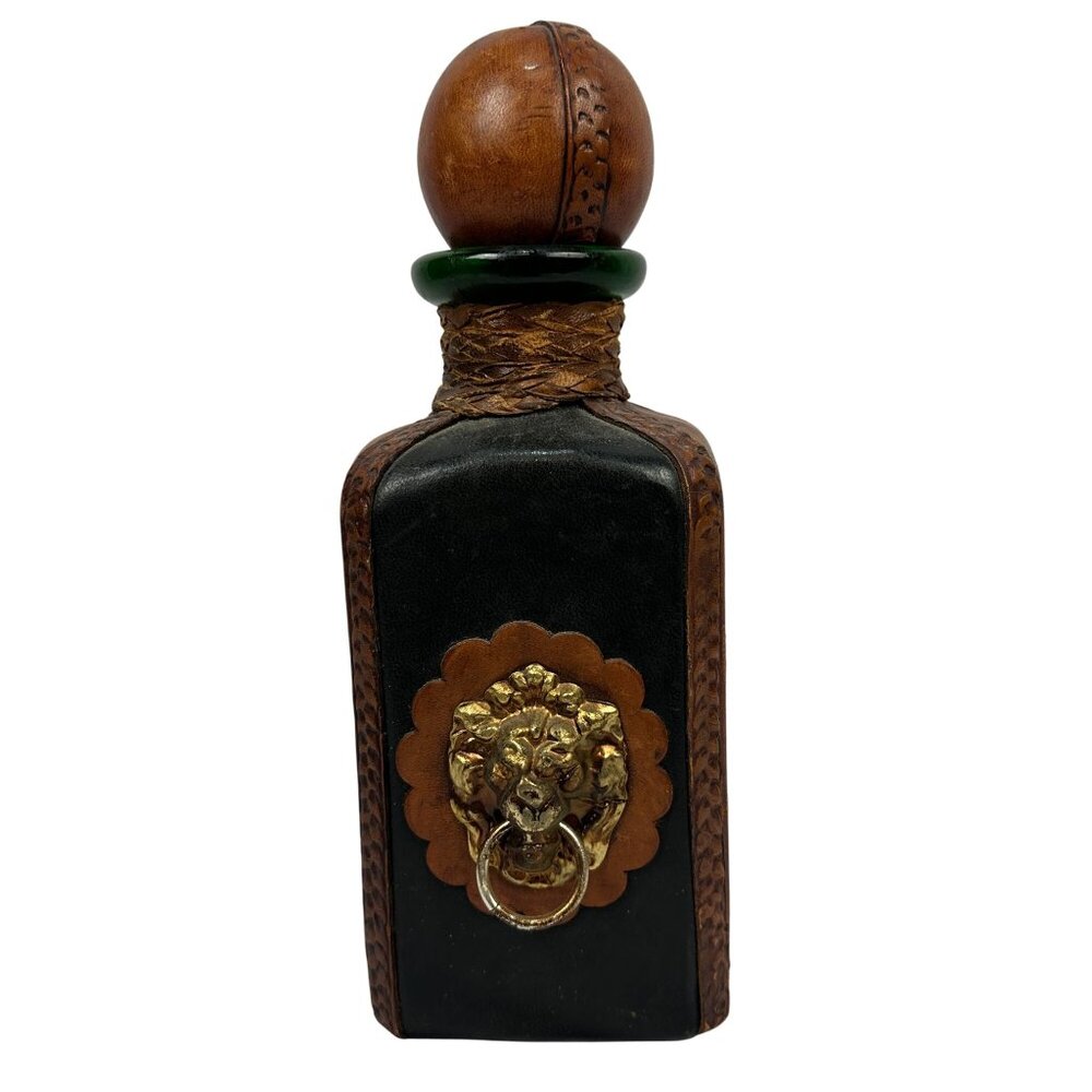 Leather Wrapped Whiskey Decanter With Lion Motif & Wooden Stopper A Menini Italy